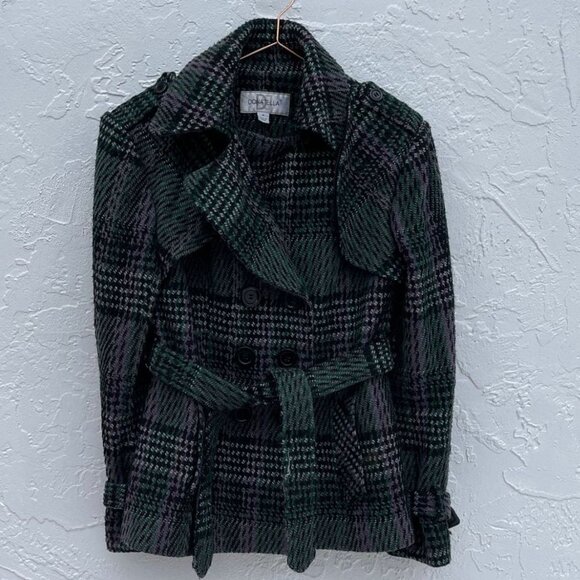 Donatella Womens Plaid Tie Waist Wool Pea Coat Green Sz Medium - Picture 11 of 11